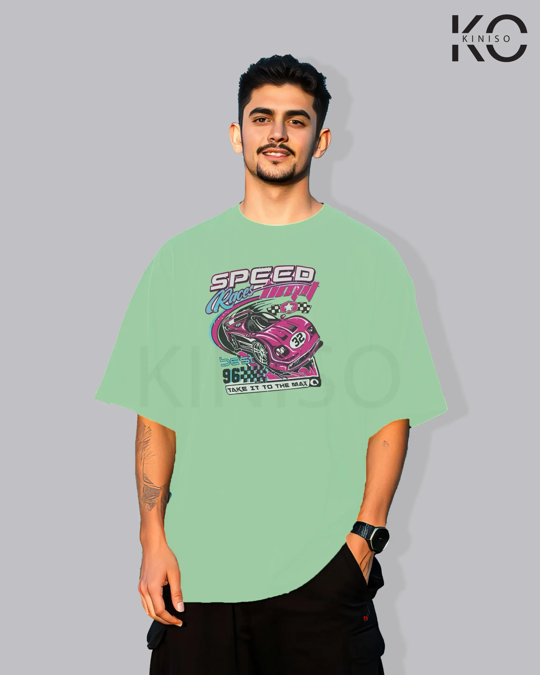 Image of Pastel Mint color drop shoulder t-shirt with Best Speed Race Print for men at reasonable price